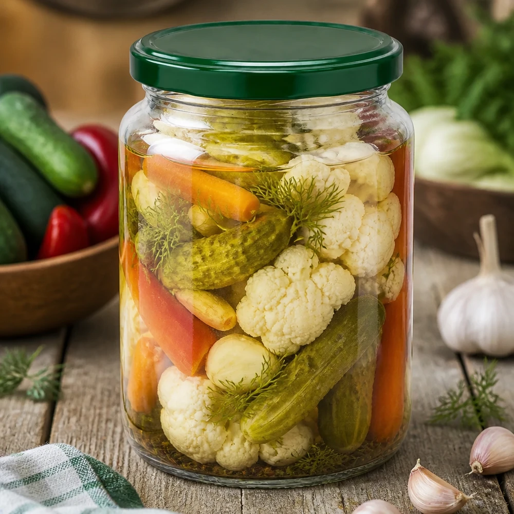 795ml rond glas met BasicSeal deksel groen UNiTWIST UNiTWIST ronde pot 795ml met ingemaakte gemengde groenten en dille - groen BasicSeal deksel voor conserveren en fermenteren