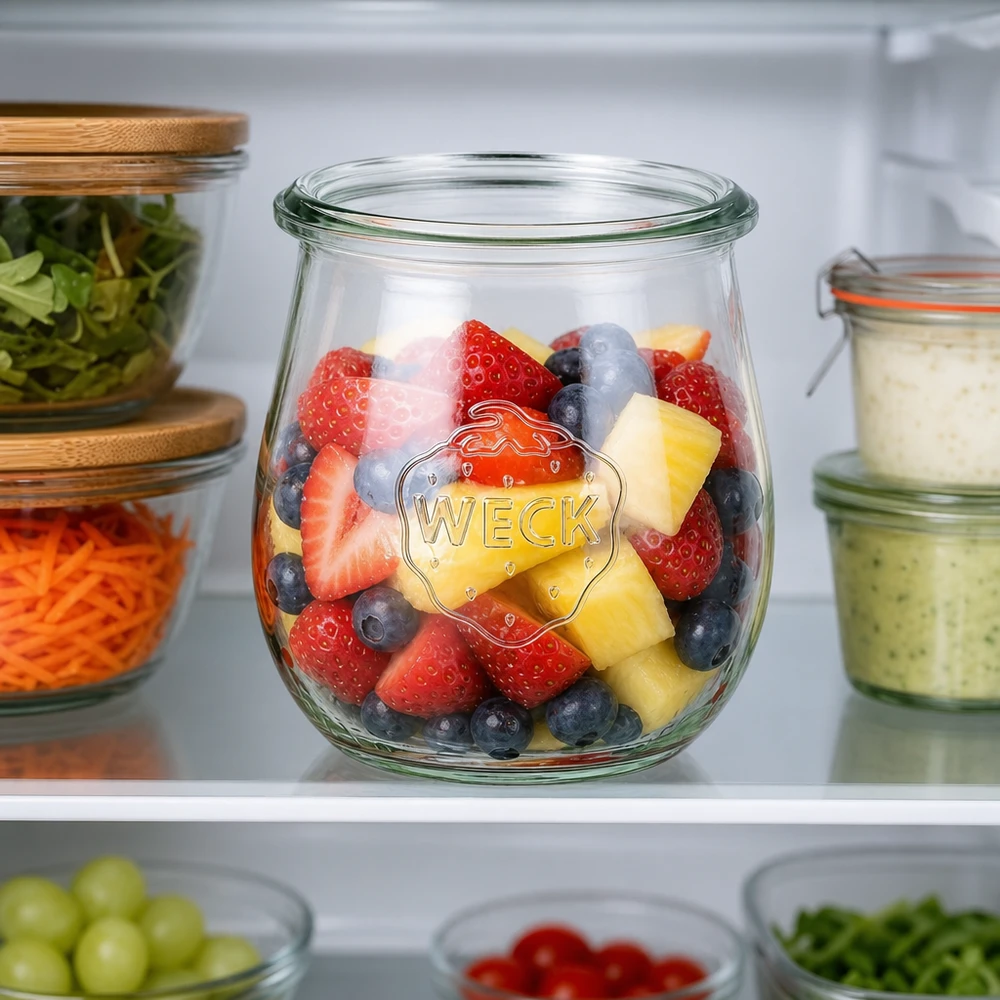 WECK tulp pot 220ml RR60 in de koelkast met fruitsalade van aardbeien bosbessen ananas als een maaltijd prep container