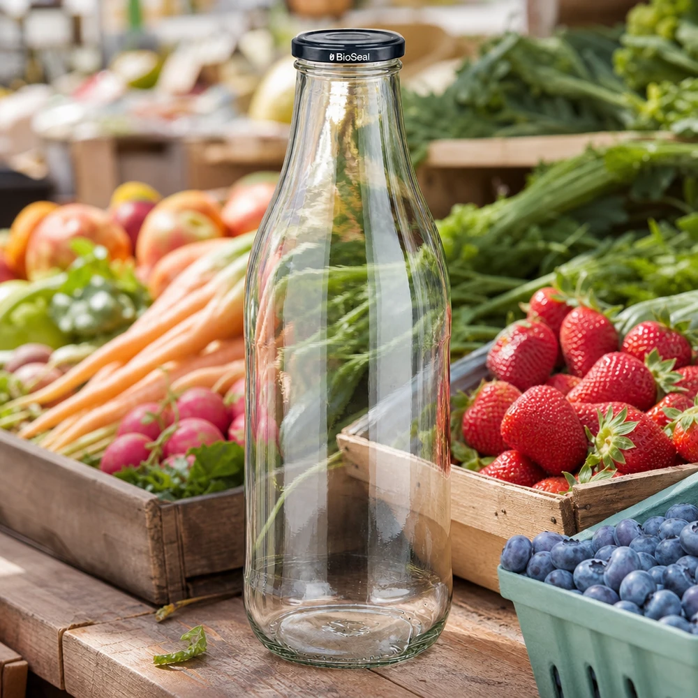 1000ml fles met BioSeal deksel zwart UNiTWIST 1000ml glazen fles BioSeal deksel zwarte marktkraam vers fruit groenten aardbeien bosbessen duurzaam regionaal