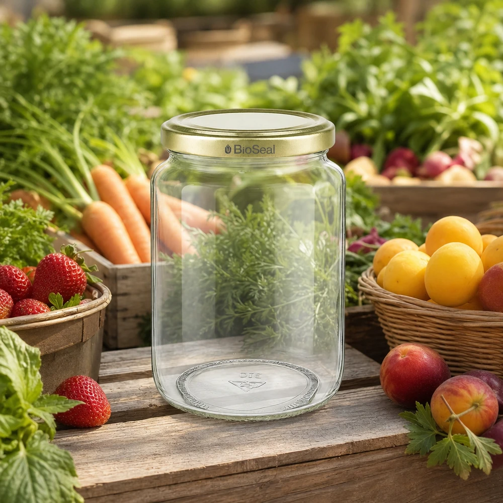 Honingpot 1000 g met gouden BioSeal UNiTWIST-deksel 1000g BioSeal honingpot omringd door vers fruit en groenten toont natuurlijke versheid en bewaring