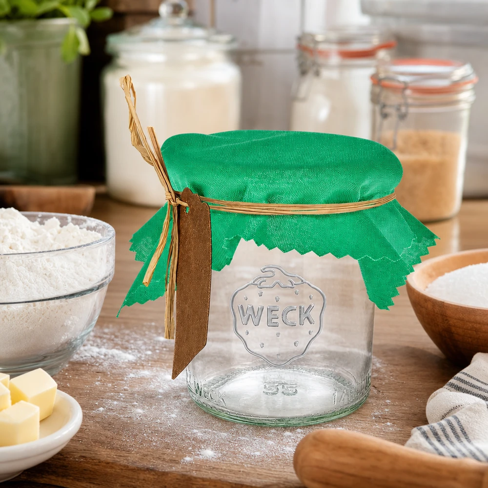 Groene stoffen doily 12cm vierkant met raffia strik op pot tussen bak ingrediënten en bloem kommen