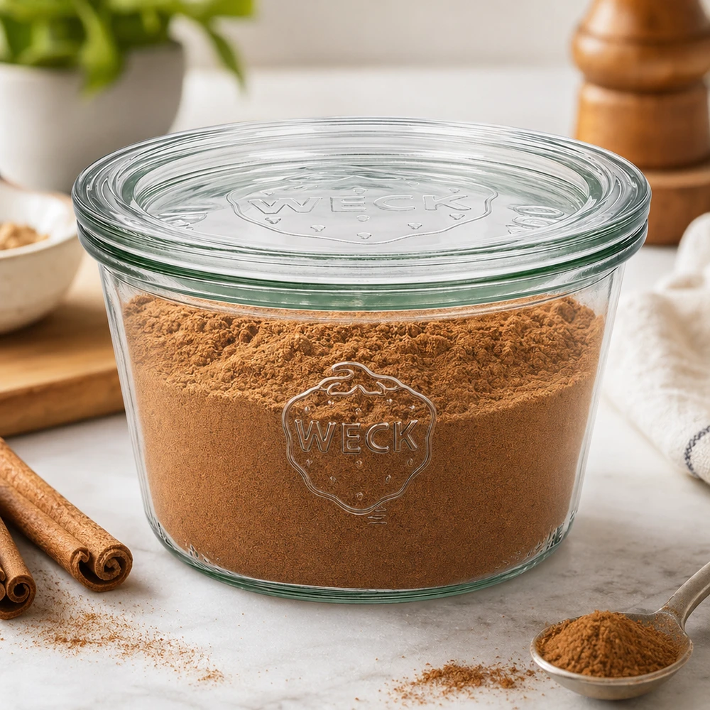 WECK RR100-pot van 370 ml met glazen deksel WECK beker 370ml RR100 gevuld met cacaopoeder omringd door kaneelstokjes voor het bewaren van kruiden in de keuken