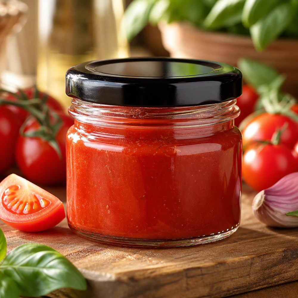 Mini-inmaakpotje van 33 ml met zwarte deksel, geschikt voor tomatenpuree en pastasaus