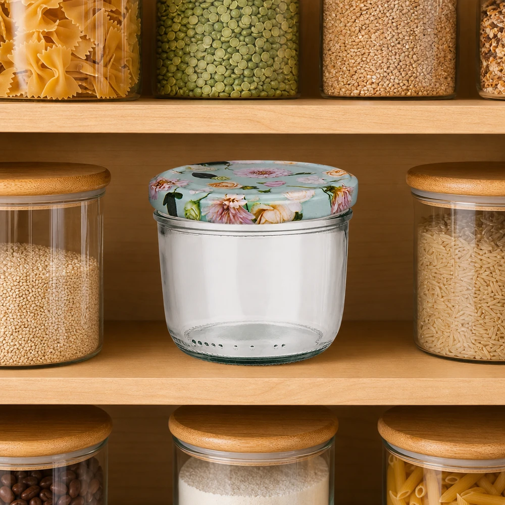 Glazen van 230 ml + BasicSeal-deksel met muntbloem UNiTWIST 230ml mason jar met mintgroen bloemendeksel in voorraadkast tussen potten pasta, linzen en rijst