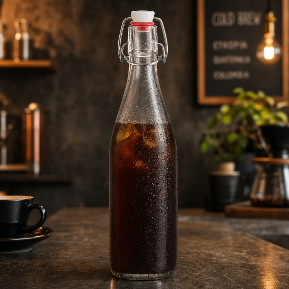 500 ml glazen fles met draaidop gevuld met cold brew koffie in een rustieke café sfeer