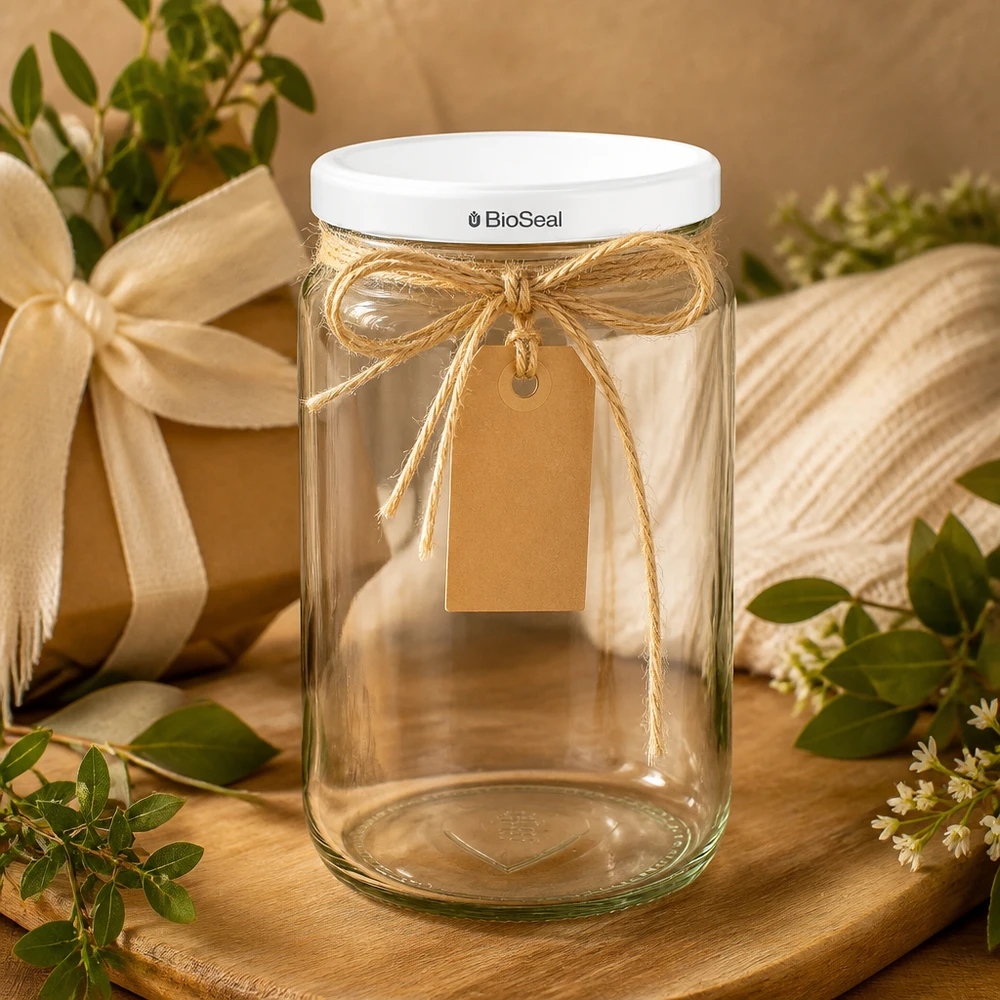 UNiTWIST Runda795 geschenkdoos met raffia strik en kraftpapier etiket - decoratieve glazen verpakking