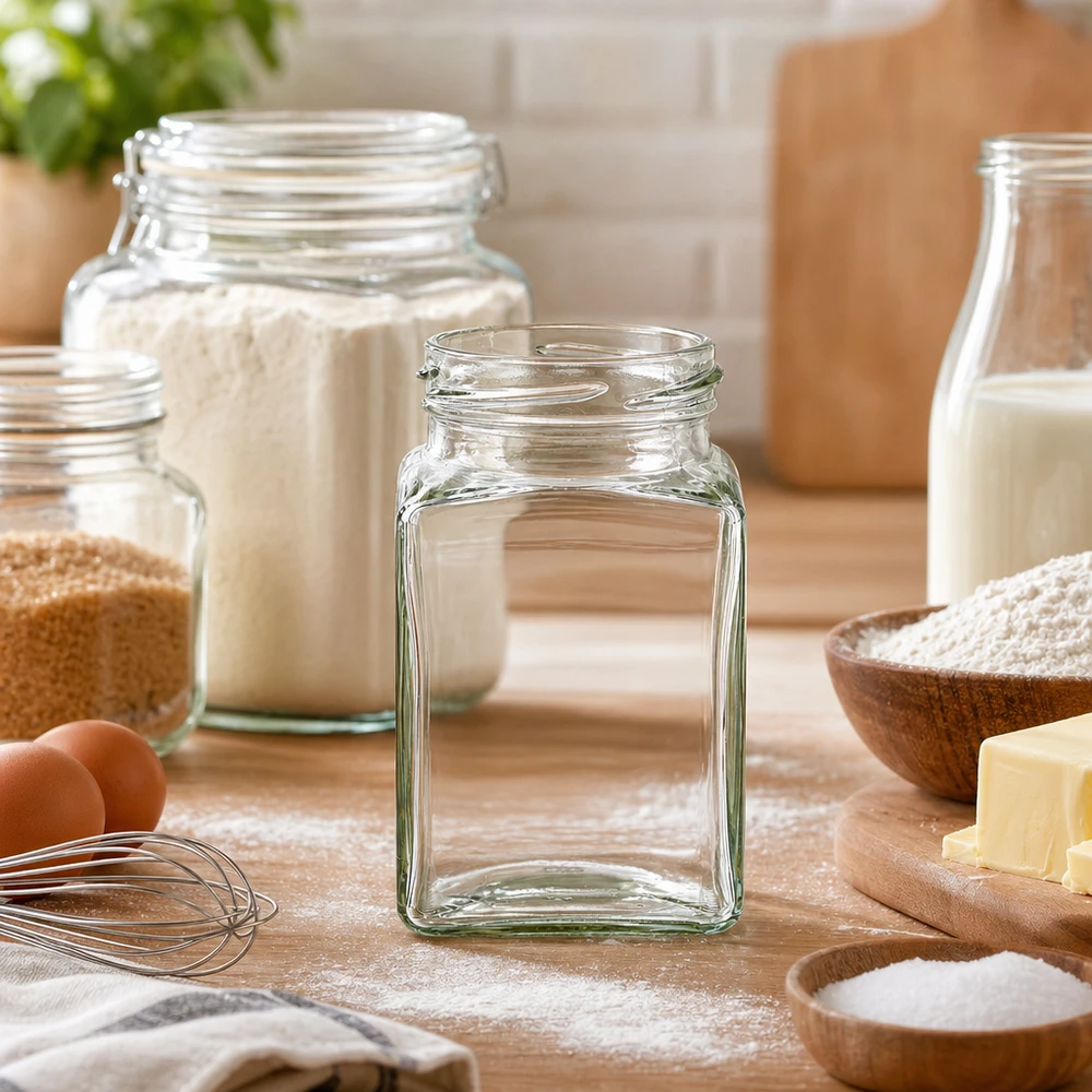 260ml tetraglas zonder deksel (TO58) UNiTWIST Lege UNiTWIST Tetra260 4-hoekige pot 260ml TO58 op keukenblad met bakingrediënten en voorraadpotten