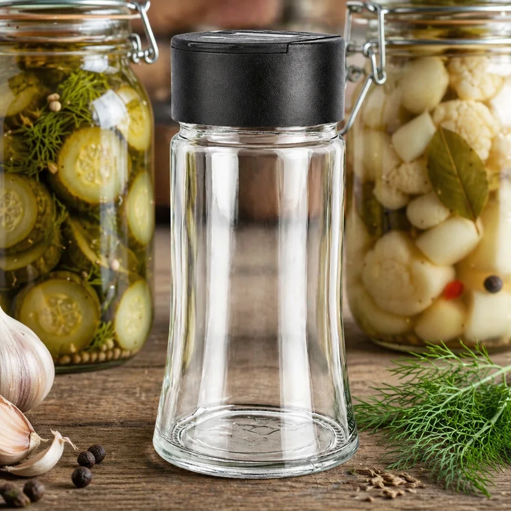 Zout-/kruidenpotje 95 ml met dubbele strooier, zwart 95 ml strooibus van helder glas met een zwarte dubbele deksel, omringd door inmaakpotten en kruiden