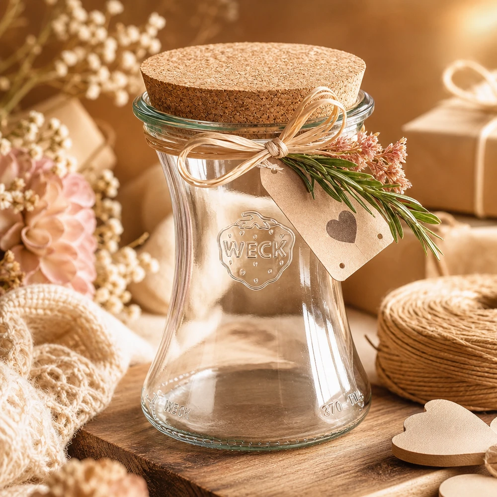 370ml delicatessenglas WECK RR80 met kurk WECK delicatessenpot 370ml RR80 met kurken deksel als geschenkverpakking met strik en hartenhanger