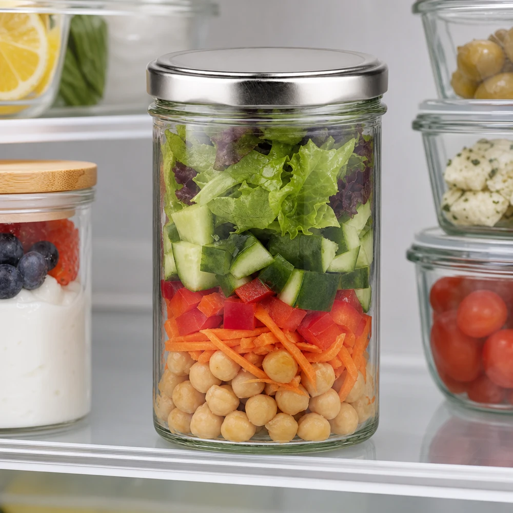 435ml bekers met BasicSeal deksel zilver UNiTWIST 435ml bekers met BasicSeal deksel zilver gevuld met gelaagde salade in de koelkast - Meal Prep voorraadpot