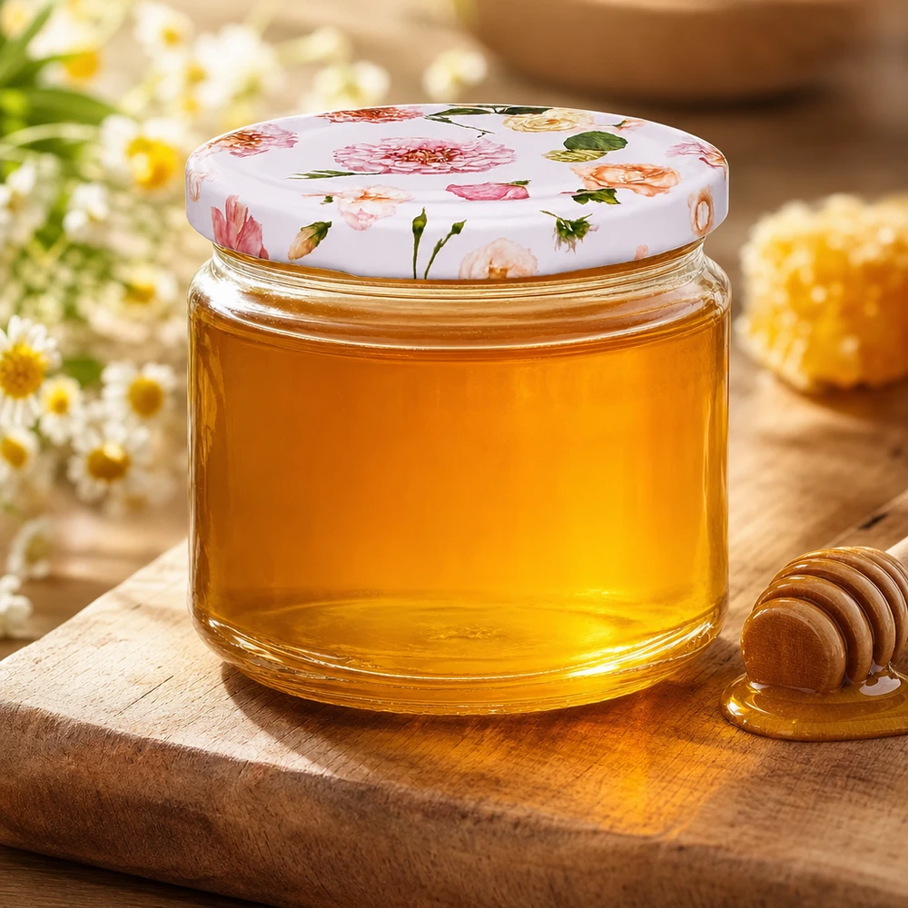 Ronde pot van 330 ml + deksel BasicSeal roze bloem UNiTWIST 330ml Rundglas rosa Blütenmuster mit Honig befüllt Holzlöffel Marmeladenglas Imkerei Süßspeisen Küchendeko