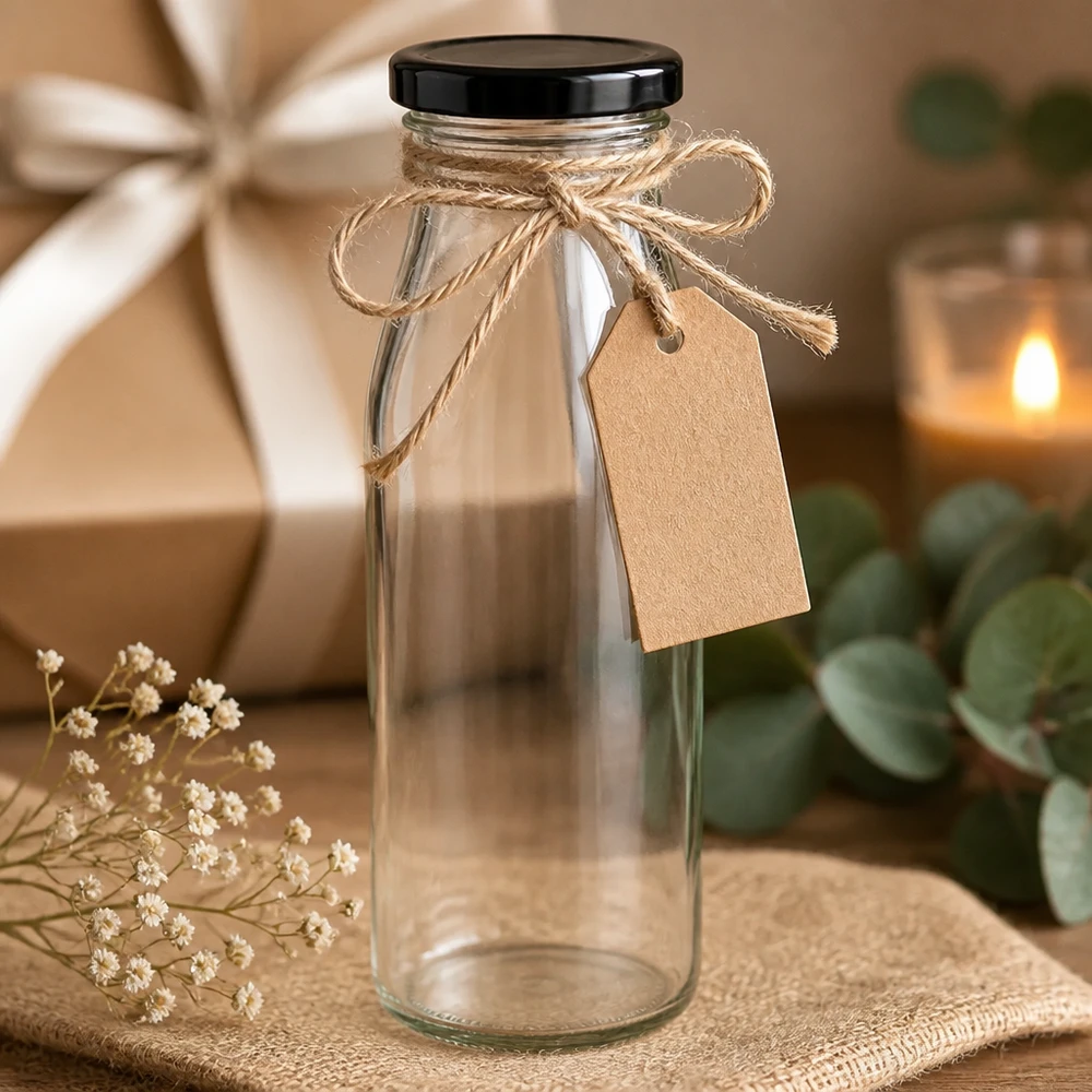 500ml fles met BasicSeal deksel zwart UNiTWIST 500 ml glazen fles met zwart deksel als geschenk versierd met jute koord en rustiek geschenklabel