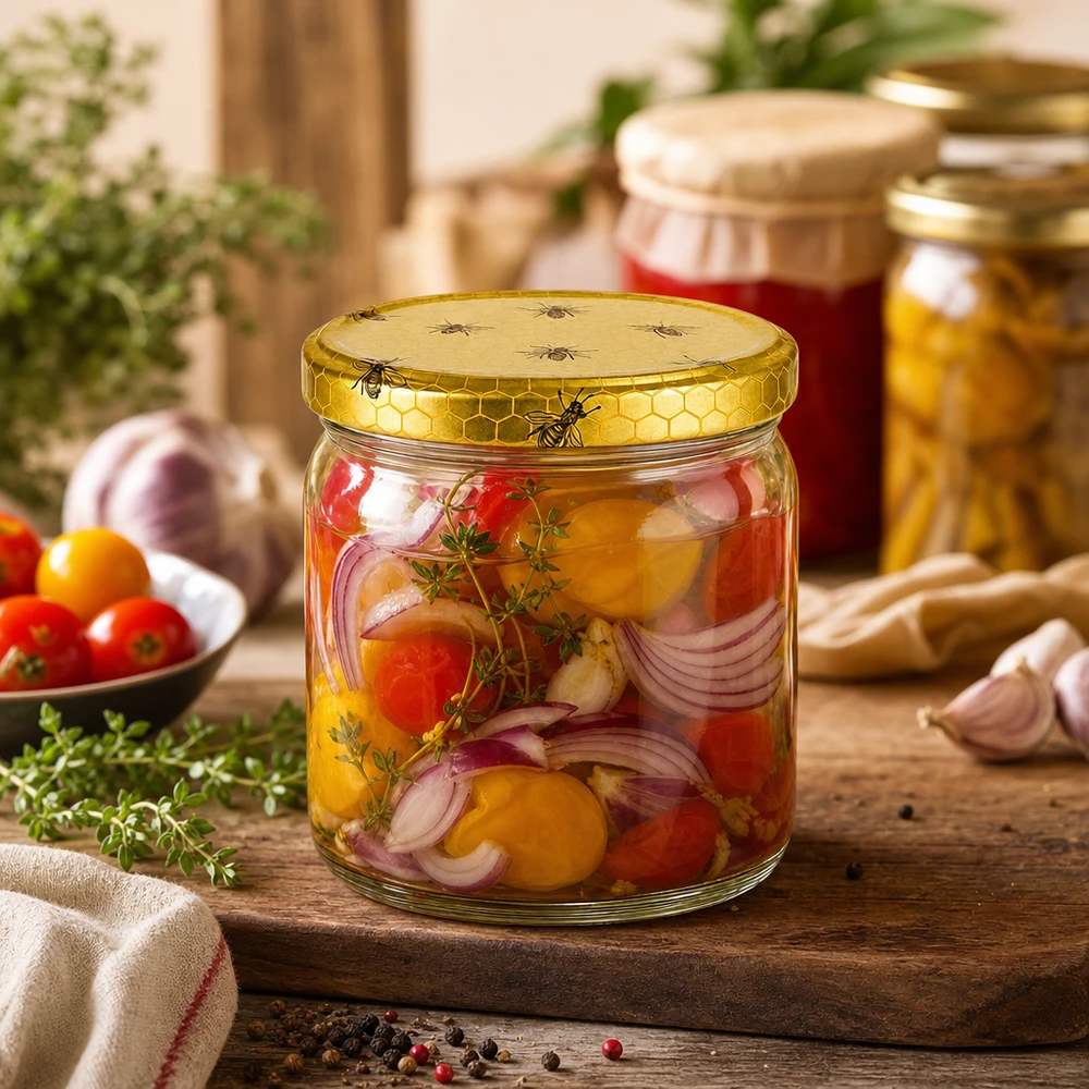408 ml ronde pot met BasicSeal honingraatdeksel vol ingemaakte tomaten en uien in rustieke keuken