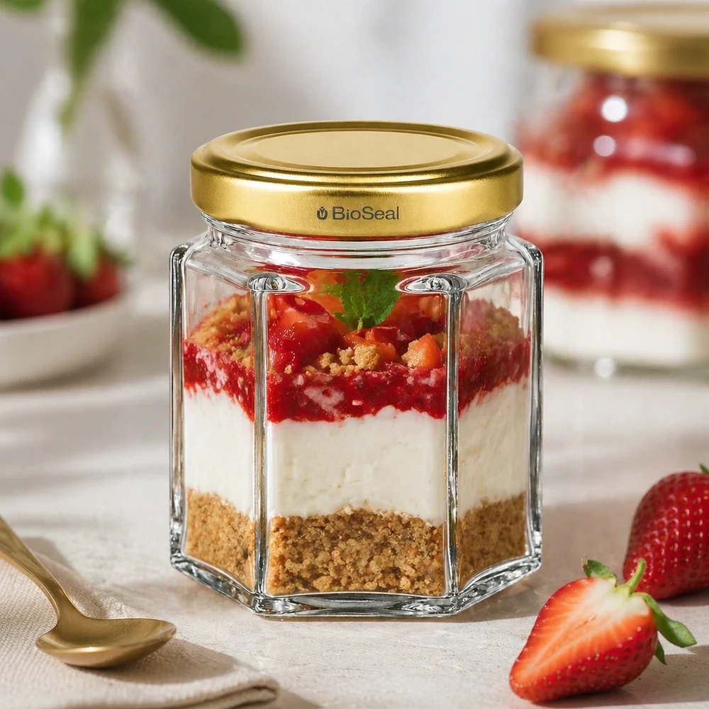 BioSeal 60g honingpotje met gelaagd dessert aardbeien cheesecake gevuld naast gouden lepel en verse aardbeien