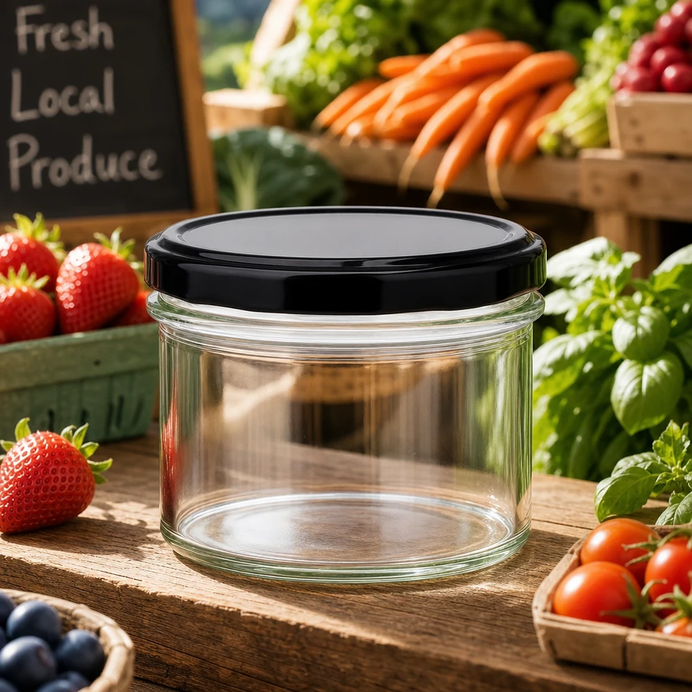 225ml bekers met BasicSeal deksel zwart UNiTWIST Lege bekers van 225 ml met zwarte deksels in een natuurlijke omgeving tussen vers fruit en groenten