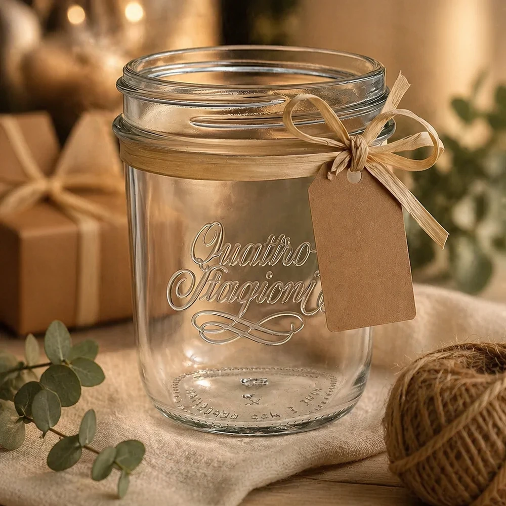 320 ml Quattro Stagioni inmaakpot met lint en cadeaulabel als decoratie op een rustieke houten tafel