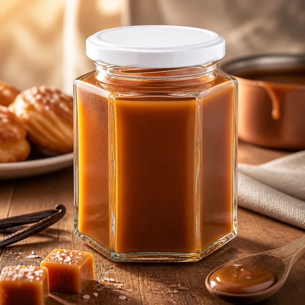 Doorzichtig zeshoekig glas van 191 ml, UNiTWIST, met karamelsaus, een wit BasicSeal-deksel en een houten lepel