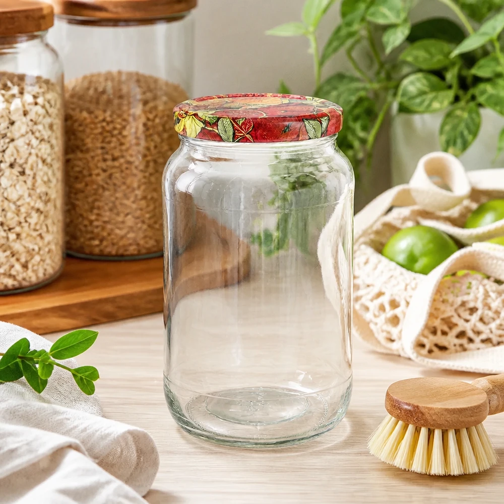 1062ml rond glas met BasicSeal deksel Fruit decor UNiTWIST 1062ml ronde pot BasicSeal deksel fruit decor keuken duurzaam zero waste opslag granen groenten houten borstel