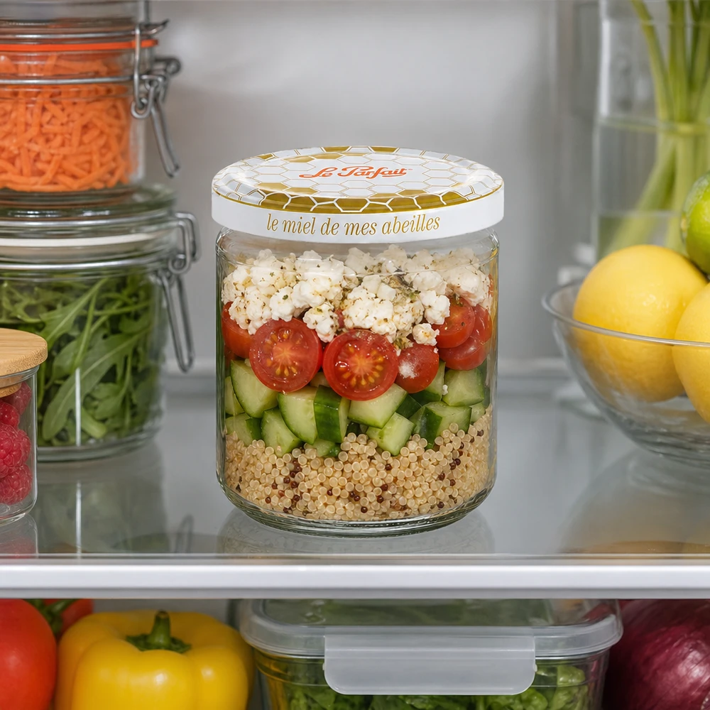 Le Parfait® honingpot 212 ml Ø63 mm Le Parfait Honing voorraadpot 212ml met gelaagde salade van quinoa komkommer tomaat en feta in de koelkast