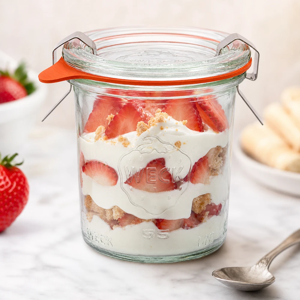 140ml stortglas compleet WECK RR60 WECK 140ml RR60 bekers gevuld met aardbeienroom dessert als portiepotje met verse aardbeien en koekkruimels