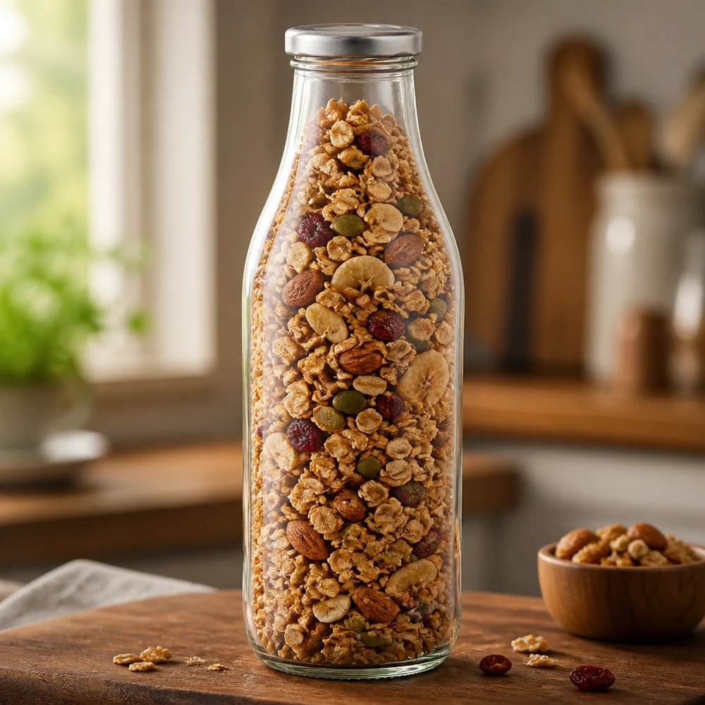 1000ml fles met BasicSeal deksel zilver UNiTWIST 1000ml glazen fles BasicSeal zilver gevuld met muesli noten en gedroogd fruit Opbergen in de keuken