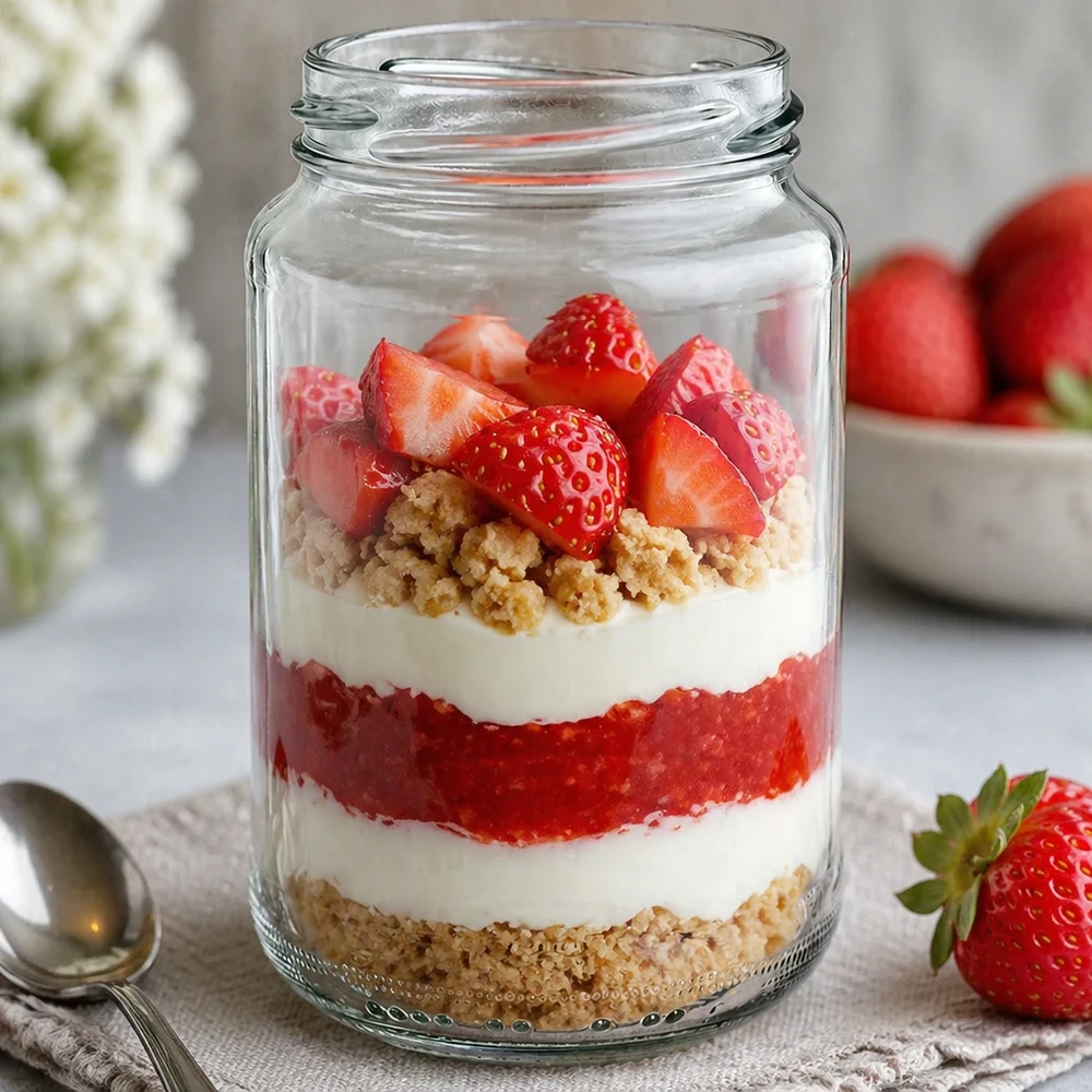 375ml rond glas zonder deksel (TO63) UNiTWIST UNiTWIST Runda375 rond glas 375ml als dessertglas met gelaagd dessert aardbeien room en hagelslag decoratief geserveerd