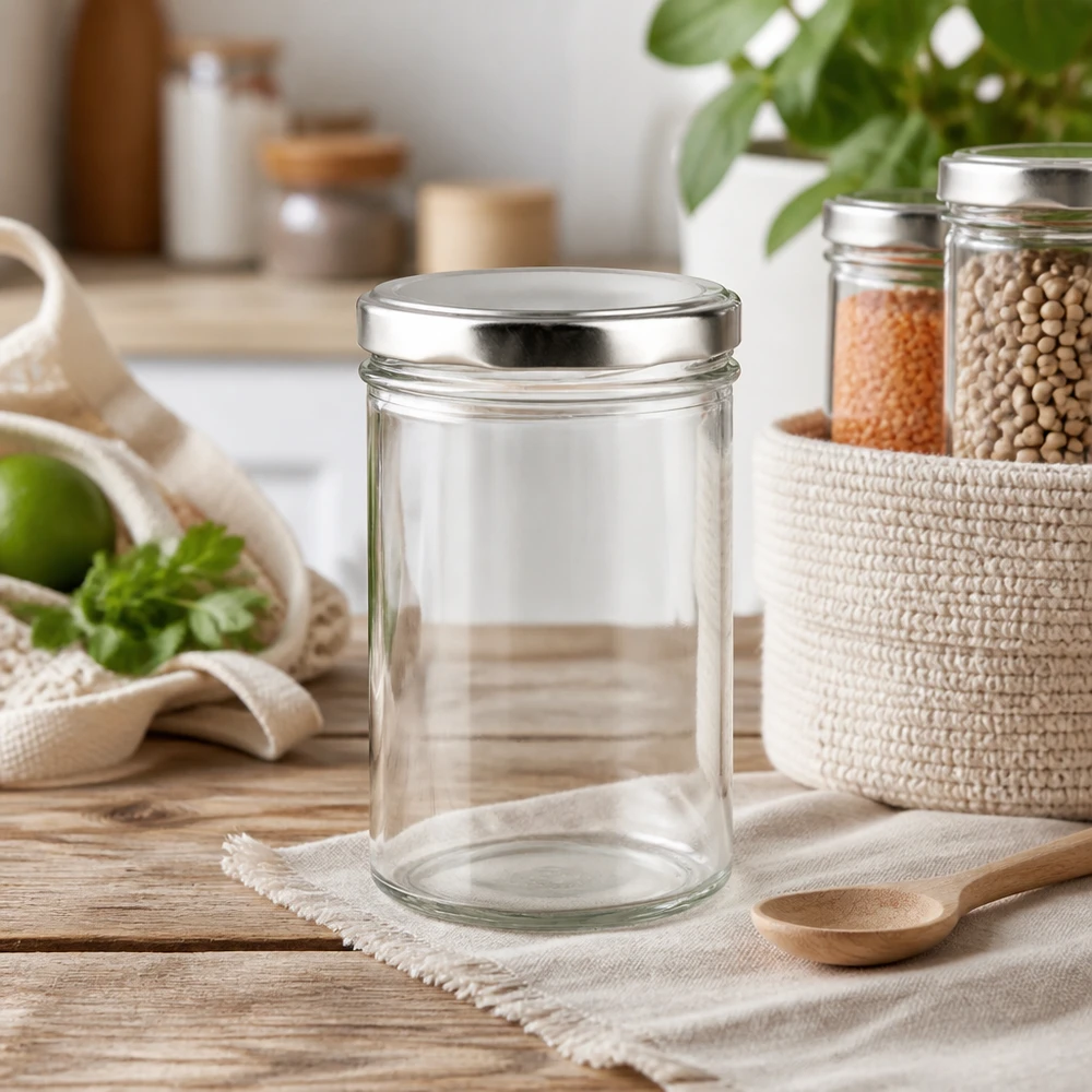 435ml bekers met BasicSeal deksel zilver UNiTWIST 435 ml bekers met zilveren deksel in een natuurlijke keukenomgeving met mand en voorraadpotten gemaakt van peulvruchten