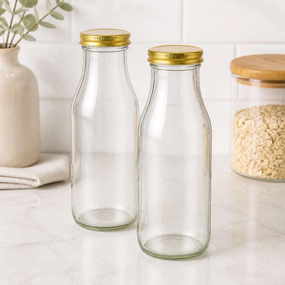263ml fles met BioSeal deksel goud UNiTWIST Twee UNiTWIST Bottle263 glazen flessen met gouden TO43 BioSeal deksels in een moderne keuken naast een voorraadpot havermout