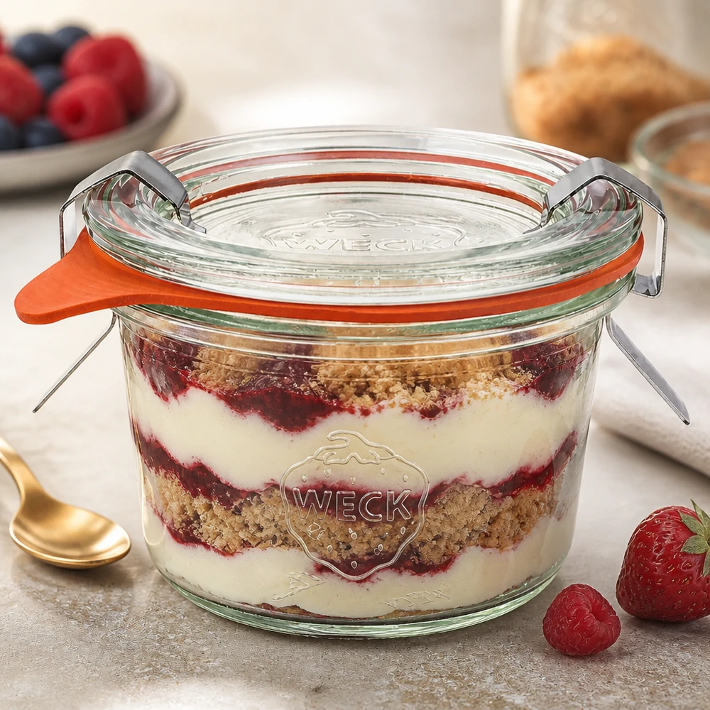 80ml stortglas compleet WECK RR60 WECK bekers 80ml RR60 met gelaagd dessert Tiramisu toont veelzijdig gebruik voor desserts en portionering