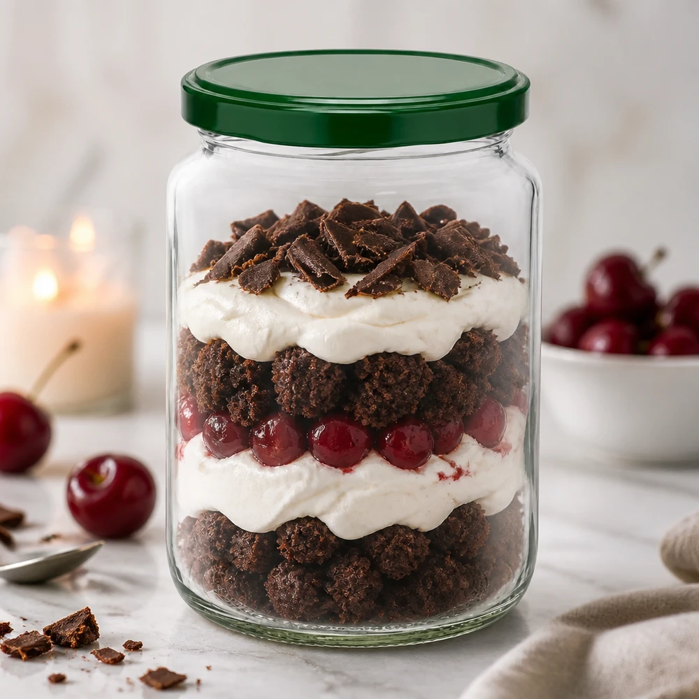 795ml rond glas met BasicSeal deksel groen UNiTWIST 795ml UNiTWIST ronde pot met groen BasicSeal deksel gevuld met gelaagd dessert van chocolade, room en kersen