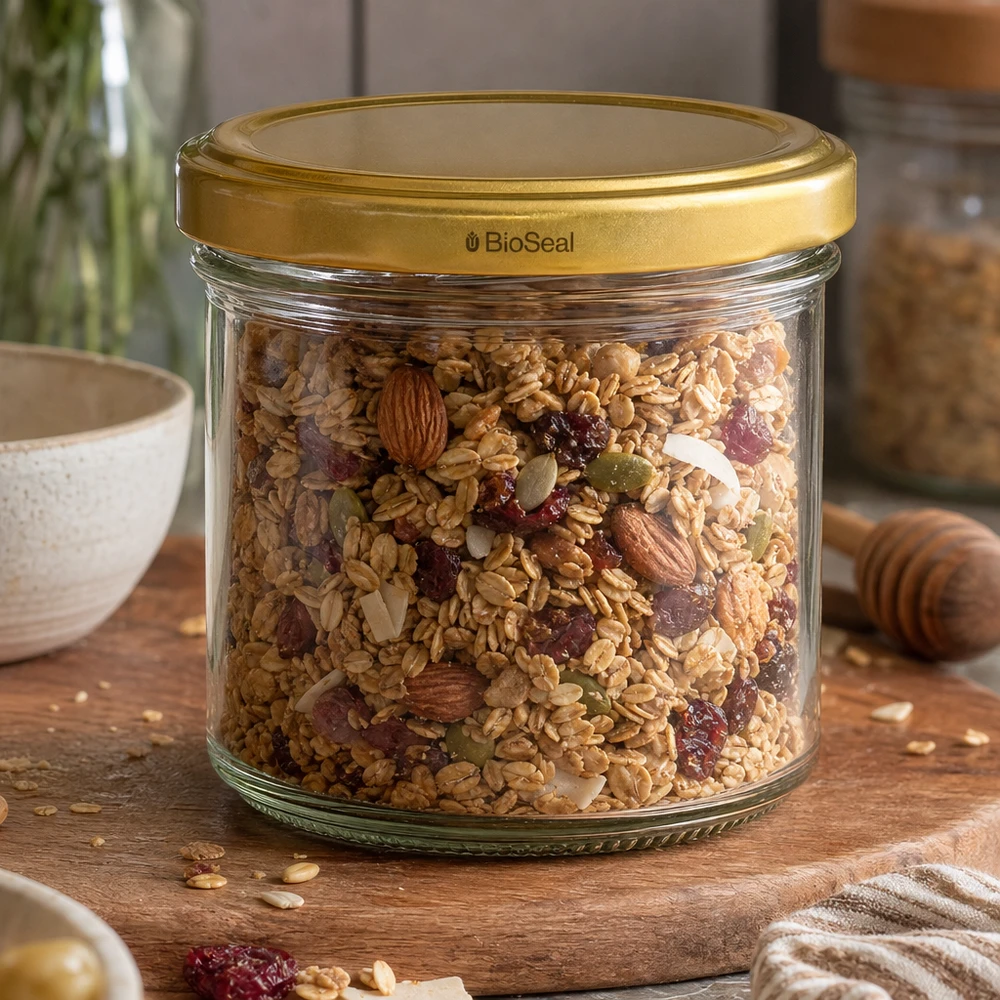 UNiTWIST 125ml Vorratsglas mit Müsli und Nüssen - goldener TO66 Deckel für luftdichte Aufbewahrung von Granola
