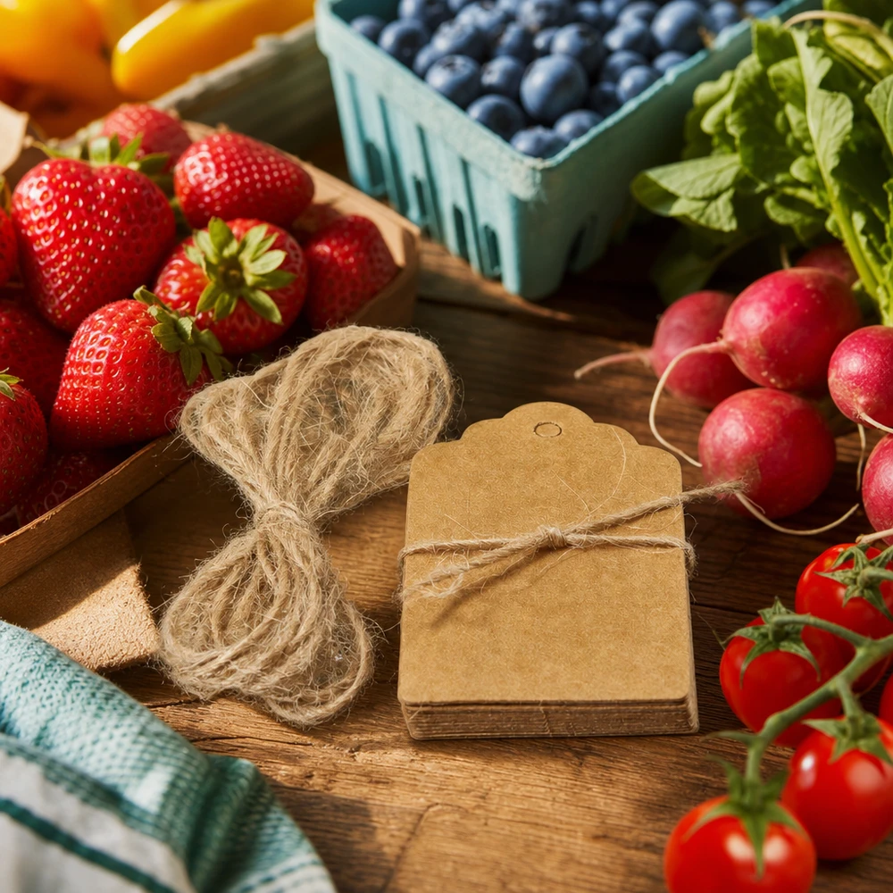 Kraftpapier tag 30x50mm met jute koord tussen vers fruit en groenten op een houten boerenmarktkrat