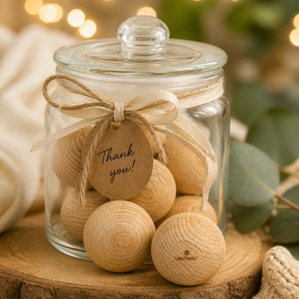 UNiTWIST houten ballen beuken WECK RR60 in geschenkpot met bedankkaartje rustieke decoratie houten knopen