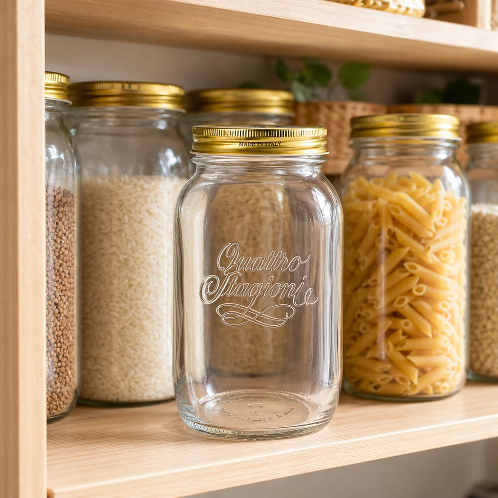 1500 ml rond glas "Quattro Stagioni" met deksel Quattro Stagioni 1500ml ronde potten leeg in voorraadrek met pasta rijst linzen gevuld inmaakpotten Keukensysteem